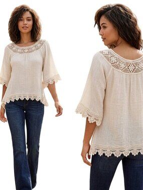 Eyeshadow Womens Blouse Large Ivory Short Sleeve Crochet Lace Pullover Boho Top
